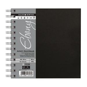 Daler Rowney Ebony - Carnet de croquis spiral&eacute; 54 pages - Couverture rigide - Surface lisse - 14 x 14 cm - 160g/m&sup2;- Blanc naturel