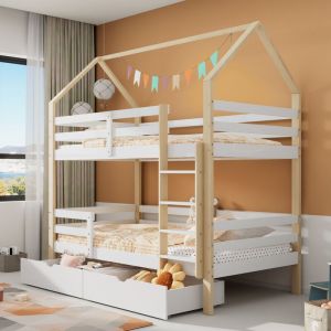 Modfu - Lit superposé enfant avec tiroirs 90x200cm, sans matelas, blanc + couleur naturelle, pin, lit double
