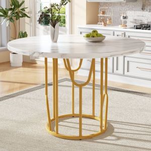 Redom - Table à manger ronde 80x80x76 cm, pour 4 à 6 personnes, finition marbre mdf blanc, pieds de table en métal doré