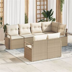 Canap&eacute; de Jardin 7 Pi&egrave;ces avec Coussins Beige en Rattan Poly, Canap&eacute; de Jardin 2 Places avec Rangement & Coussins Beige
