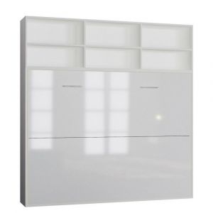 Image de Inside75 Lit escamotable STRADA-V2 structure blanc mat façade blanc brillant avec surmeuble 140*200 cm - blanc