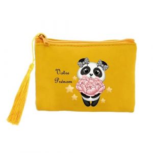 Porte monnaie et porte cles jaune Taperso avec motif panda et fleur personnalisable