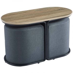 Image de Mobilier Deco - nadia - Ensemble table basse couleur bois avec 2 poufs encastrables en tissu gris foncé - gris foncé