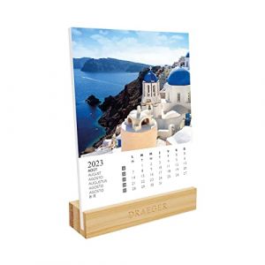 DRAEGER PARIS | Calendrier sur socle Europe 2023 |12 x 16,5 cm | janvier à dec 23 | 7 langues | Calendrier maison, cuisine, bureau mensuel | 12 photos voyage | Socle en bambou | Papier certifié FSC