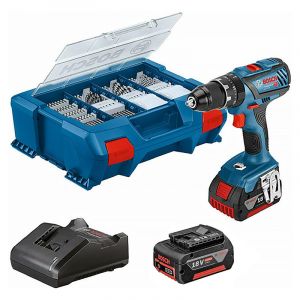 Bosch Perceuse Visseuse à percussion sans fil GSB 18V-21 Professional (2 x 4,0Ah) avec 82 accessoires