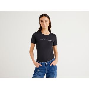 Image de Benetton T-shirt 100% Coton Avec Logo Imprim&eacute; Paillet&eacute;, taille XL, Noir, Femme