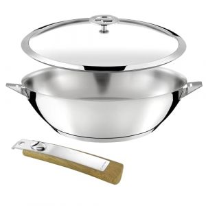 Cuisinox - Eclipse - Wok 28 cm tout inox - Fond encapsulé - Compatible tous feux dont induction - Acier Inoxydable 18/10 - Finition miroir - Poignée amovible effet bois, Gris