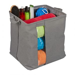 Relaxdays Caisse de rangement en tissu, avec fenêtre, 2 poignées, HxLxP : 39 x 49 x 33 cm, bac pliable, boîte, gris