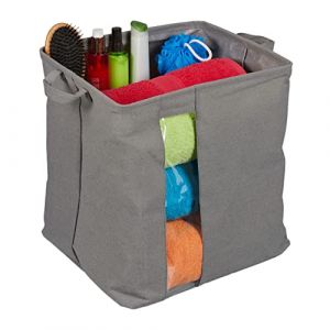 Relaxdays Caisse de rangement en tissu, avec fenêtre, 2 poignées, HxLxP : 39 x 49 x 33 cm, bac pliable, boîte, gris