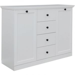 Pegane Commode, meuble de rangement avec 2 portes et 4 tiroirs coloris blanc mat - Longueur 119 x hauteur 88 x profondeur 41 cm -