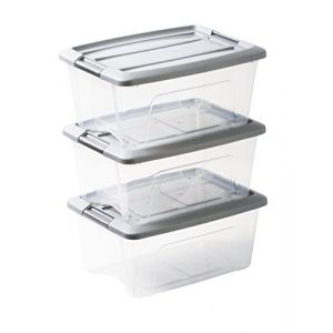 Amazon Basics Iris Ohyama - Lot de 3 boîtes de rangement empilables New Top Box NTB-15. Plastique, transparent-gris, 15 L, 39,5 x 29 x 18,6 cm