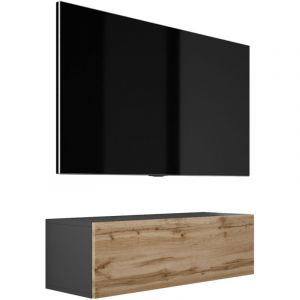 Meuble TV Suspendu, 100 &times; 34 &times; 32 cm, Noir Mat / Ch&ecirc;ne Wotan