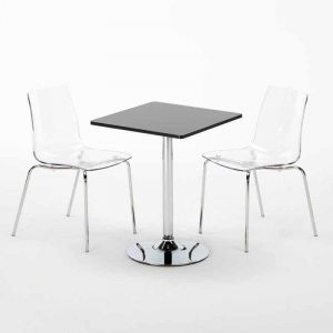 Image de Grand Soleil Table carré et ronde avec 2 Chaises colorées et transparentes intérieur Café Bar DEHOR | Lollipop Transparent - Noir - Carré