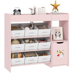 Meuble rangement enfant étagère de rangement pour jouets enfants AIYAPLAY avec 9 tiroirs en tissu et placard, rose