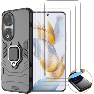 Novago Compatible Honor 90 5g- Coque Résistante Avec Anneau Anti Chute+ 3 Films Protection Écran Verre Trempé Incurvé