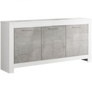 DENAE - Buffet 3 Portes L160cm Laqué Blanc Brillant et Gris Marbré