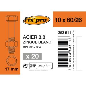 Fix'Pro Boulon 6 pans tête hexagonale 8.8 acier zingué - 10x60/26 - 20pces - Fixpro