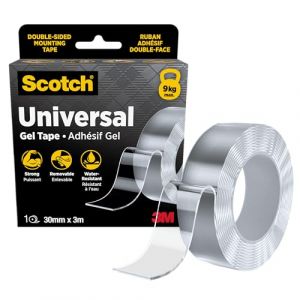 Scotch Ruban adhésif en gel universel, 30 mm x 3 m, double face pour applications polyvalentes et robustes, ruban de montage nano amovible, transparent, résistant à l'eau, supporte jusqu'à 9 kg