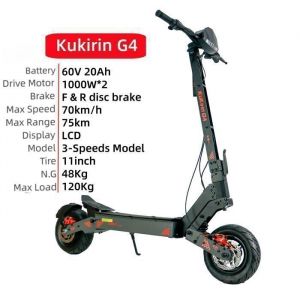 Trottinette &Eacute;lectrique Kukirin G4 &iquest; 70 Km/H, 75 Km Autonomie, Moteur 2000w, Ipx4, Pneus 11" Tout-Terrain