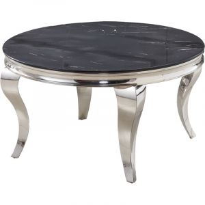 Table Basse BAROQUE Ronde Plateau Verre Tremp&eacute; Marbr&eacute; Noir Structure Chrome D80x45cm