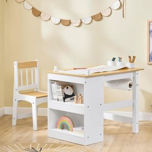 Sobuy Table Enfant avec Chaise Ensemble 2 Pièces Table et Chaise pour Enfant Bureau avec 2 Étagères Porte-Papier et Rangements Stylos Blanc-Naturel