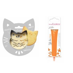 Kit pour biscuit en relief Chat + Stylo au chocolat orange