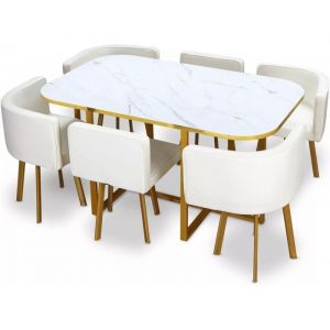 MEUBLER DESIGN Ensemble Table À Manger + 6 Chaises Encastrable Popup Xl - Marbre Blanc, Bois MDF, Polyuréthane, Rectangulaire, Style Contemporain,