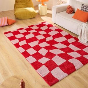 Nazar Tapis vintage style ann&eacute;e 70 &agrave; motif damier rouge 200x280