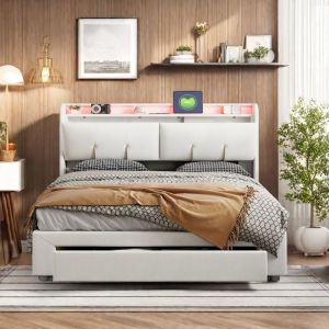 Image de Lit Coffre 160x200 cm - TANANT - Lit Double - Rangement avec tiroir - &Eacute;clairage LED - Ports USB