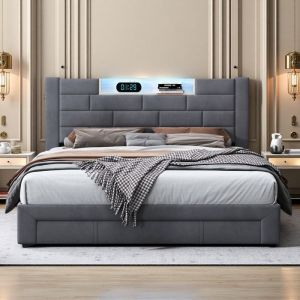 Lit Double 160x200 Gris Anthracite avec Rangement Int&eacute;gr&eacute; - Lit Coffre avec Tiroirs, LED RGB et USB pour Chambres Compactes