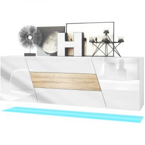 Image de Buffet Commode Dressoir Crédence Houston pendaison Blanc mat - haute brillance - Chêne Nature avec éclairage led - Chêne Nature avec éclairage led