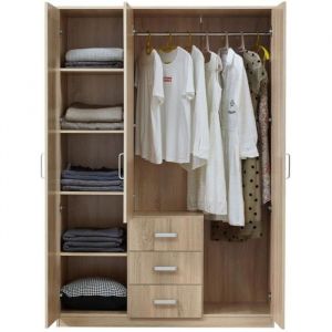 Armoire de chambre Bodolz 5 &eacute;tag&egrave;res 3 tiroirs + miroir MDF 176 x 120 x 52 cm effet ch&ecirc;ne sonoma