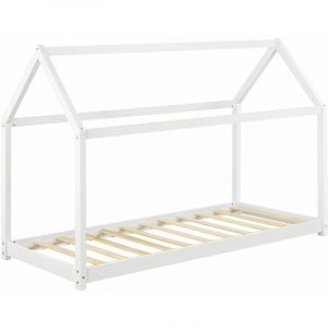 Décoshop26 Lit pour enfant en forme de maison en bois de pin avec sommier à lattes 70x140 cm blanc