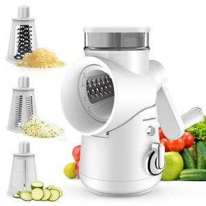 KitchenBoss Rapeuse Legume Manuelle,Rape Fromage:Coupe Légumes Multifonctionnel 3 en 1,avec Manivelle et 3 Lames de Rechange,peut être utilisé pour une large gamme de Fruits et Légumes,Blanc
