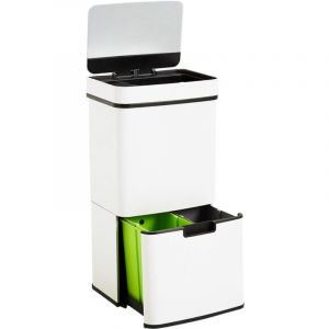 Well Home Poubelle de recyclage 62 L (37 L + 25 L) Poubelle à 2 compartiments, ouverture automatique avec capteur, en acier inoxydable, blanc