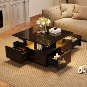 Table basse carr&eacute;e brillante 70x70x40 cm - Avec &eacute;clairage LED - 4 tiroirs - Noir