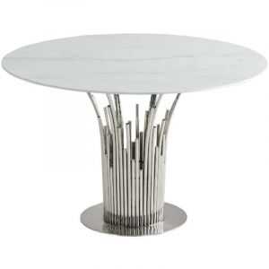 Homy France - Table à manger ronde flute Chrome verre effet marbre blanc D120cm