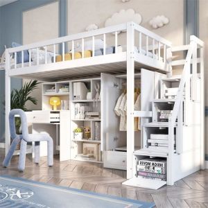 Lit mezzanine 90x200cm, lit enfant avec bureau, escaliers de rangements, casiers, armoire, sans matelas, bois massif, blanc