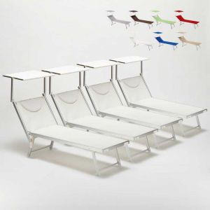 Beach and Garden Design Bain de soleil chaises longue transats Lits de plage piscine aluminium jardin SANTORINI 4 pcs | Blanc