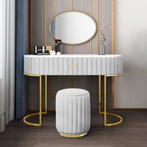 Coiffeuse à Tiroir Dessus De Table En Faux Marbre Vita - Velours Gris, Métal, Mousse polyéthylène, Ovale, Style Art déco, 120 x 42.5 x 75 cm