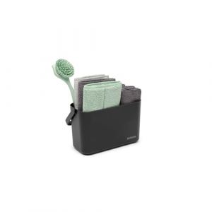 Brabantia Set de nettoyage SinkSide – 8 pièces – Dark Grey | Caddy avec poignée, lingettes microfibres, chiffons, brosse à vaisselle, raclette | Solution complète pour évier | Organiseur d’évier