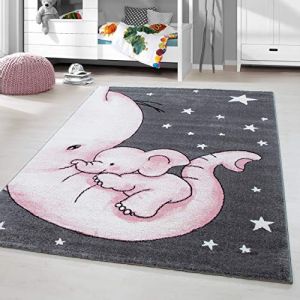 Homebyhome Tapis pour Chambre d'Enfant et de Bébé joli motif d'éléphant couleur rose gris et blanc 80x150 cm