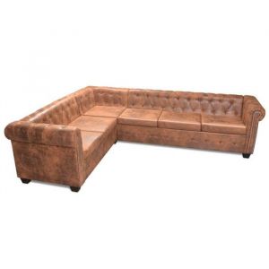 Canap&eacute; d'angle chesterfield 6 places cuir artificiel marron