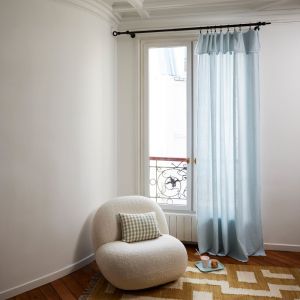 Rideau à Anneau Pince en Gaze de coton unie et frangée Bleu