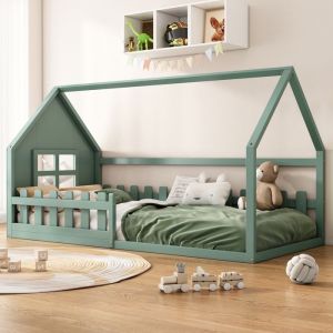 Modernluxe - Lit cabane pour enfant 90x200 cm - en forme de maison - en bois de pin et mdf - Vert