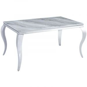 Table &agrave; manger BAROQUE 6 &agrave; 8 couverts pieds chrome plateau en verre 180x90 cm effet marbr&eacute; greige