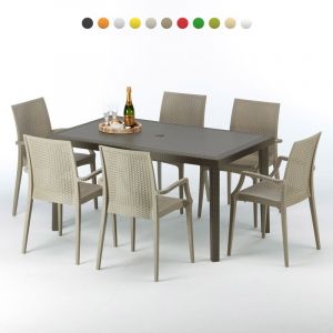 Grand Soleil Table rectangulaire 6 chaises Poly rotin resine 150x90 marron | Bistrot Arm Beige Juta