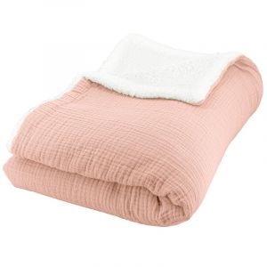 Coté Déco Plaid Polaire et Gaze de Coton 130x170 Couverture Chaude et Douce pour lit ou canapé. (Rose pêche)