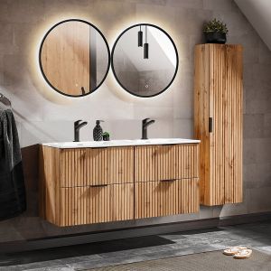 Ensemble meuble double vasque encastr&eacute;e 120cm miroirs LED et colonne Adriel Bois