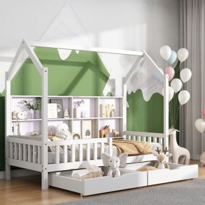 OKWISH Lit cabane enfant en bois 200x90 cm - Avec 2 tiroirs &eacute;tag&egrave;res barri&egrave;re s&eacute;curit&eacute; et sommier &agrave; lattes - Blanc (sans matelas)